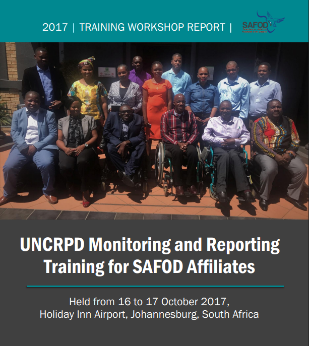 Cover of the SAFOD UNCRPD Monitoring and Reporting Training Report 2017.